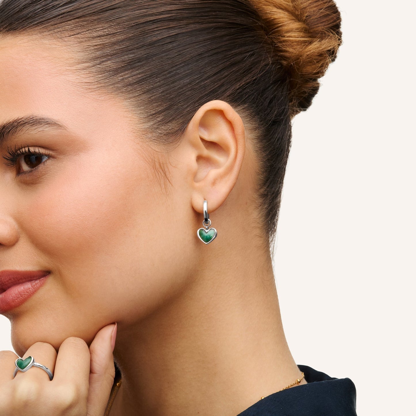 Africa Jade Heart Huggie Earrings (Silver)